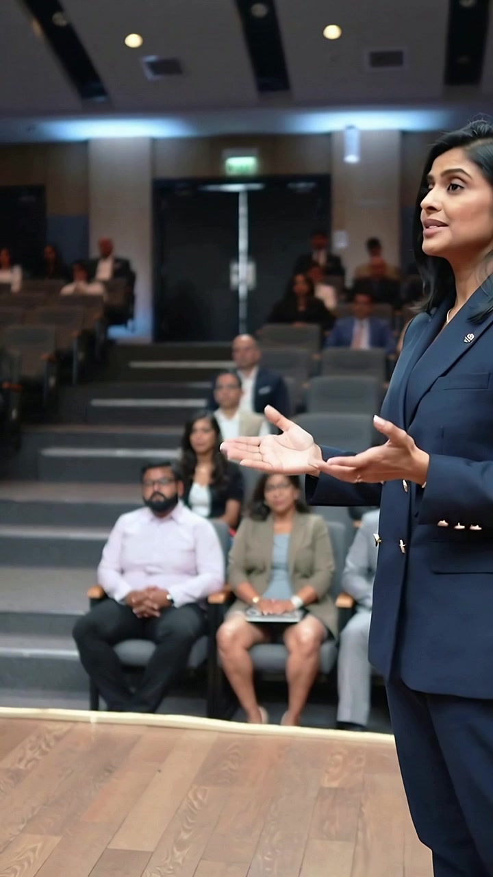 Video verticale: Donna in tailleur blu navy che entra in scena, parla e gesticola a un gruppo con un tablet, con spazio per il testo