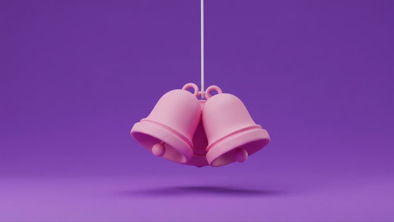 Vibrant Pink Bells Suspended Against a Bold Purple Background: A Charming and Playful Display of Colorful Objects Evoking Joy and Festivity