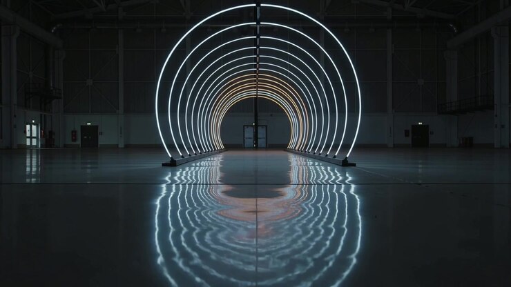 Glødende cirkulær lystunnel-installation i stort industrielt lager
