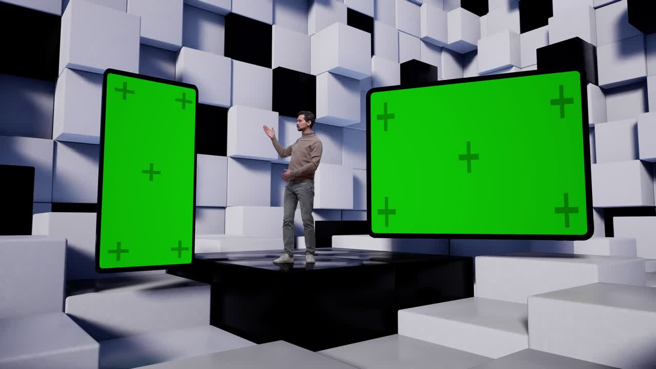presentador de televisión en el estudio virtual de noticias con cubos blancos y negros.