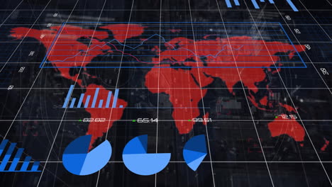 animación del procesamiento de datos y mapa del mundo sobre el paisaje urbano