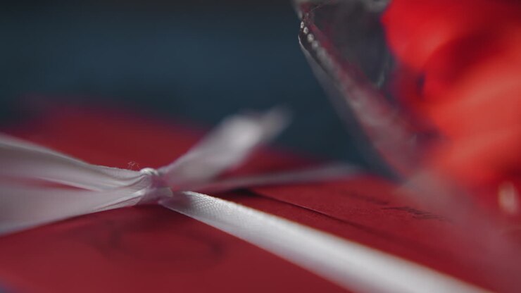 Red envelope with silk bow as holiday gift and invitation