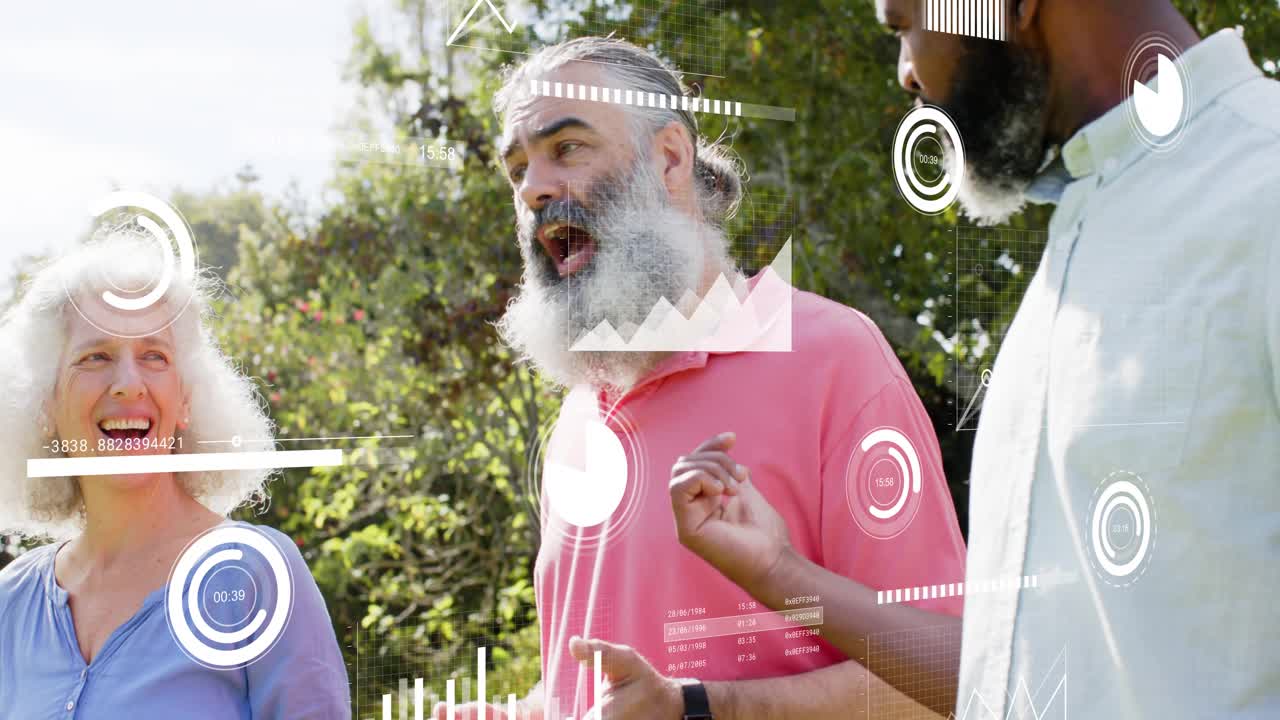 Bearded man opening data discussion in park, others reacting while HUD charts overlaying group