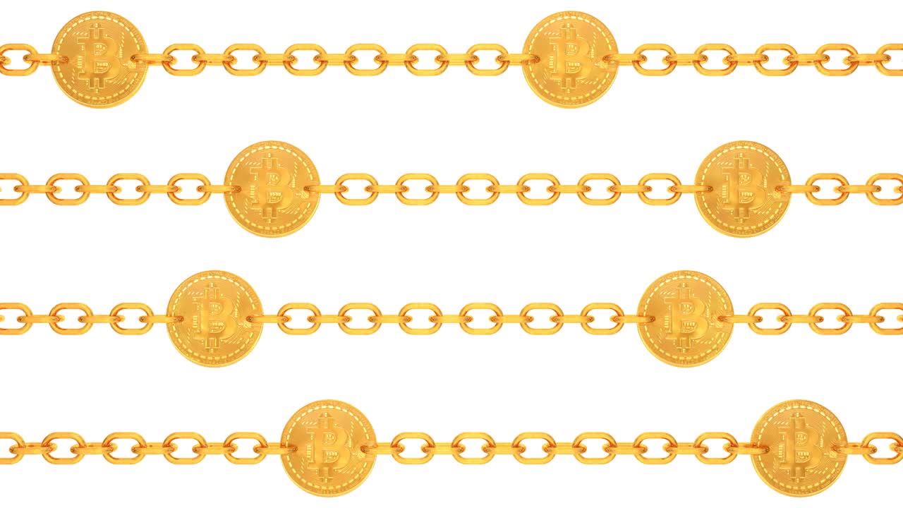 골든 비트코인 블록체인 트랜잭션 체인이 왼쪽과 오른쪽으로 움직이는 4k 원활한 루프 모션 배경 애니메이션