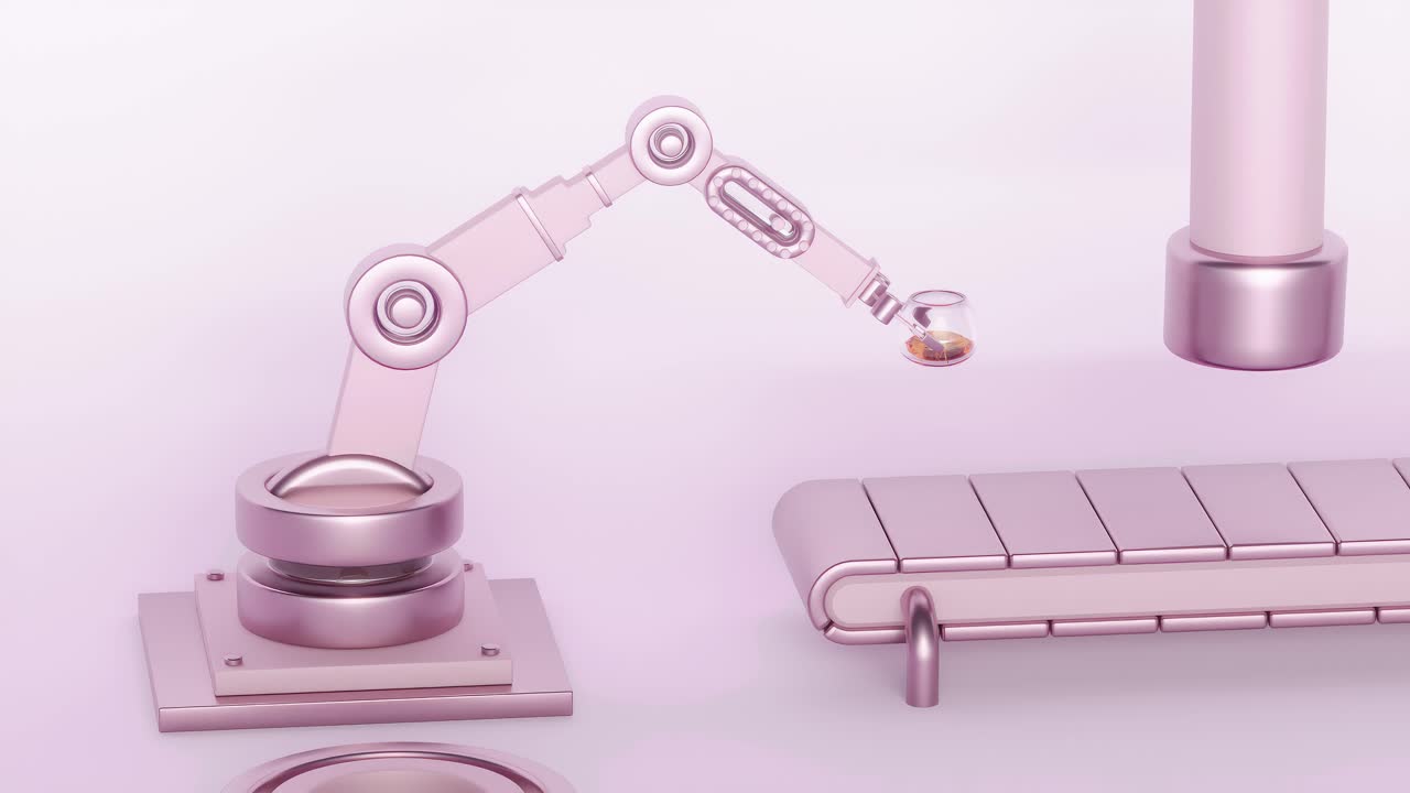 Abstract still life scene featuring a table, cylinder, and robotic arm