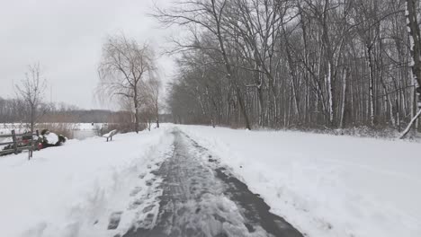 Niedrige-Fliege-Auf-Verschneitem-Weg-Im-Winterpark-In-New-Jersey