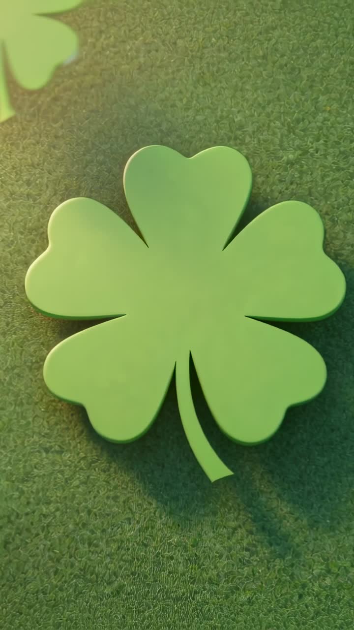 Vertical video: Sliding clovers entering top-left overlapping large green four-leaf clover on felt
