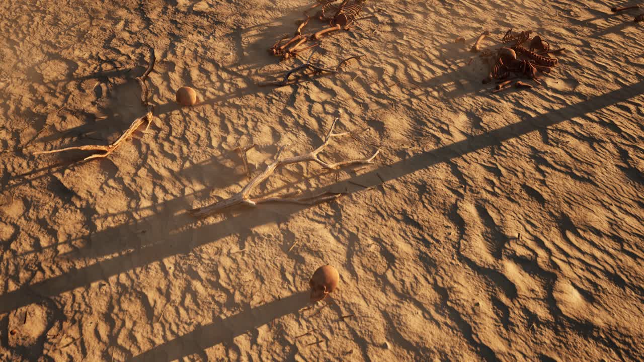 Dystopian, post apocalyptic desert arid environment, with bones scattered all over, and dust particles, 3D animation, top view