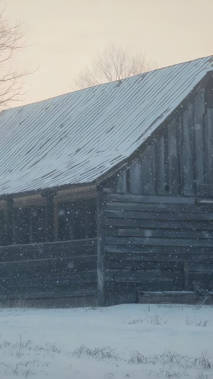 Vertical video: Shifting camera over snowy field, capturing aged wooden barn snow-dusted roof