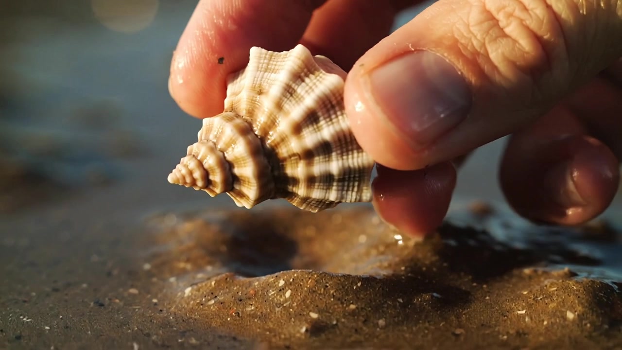 Reaching right hand lifting spiral seashell from wet sand on shoreline, rotating to inspect shell
