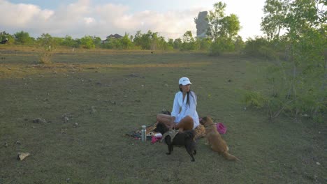 Schönes-Indonesisches-Mädchen-Mit-Weißem-Kleid-Beim-Picknick-Mit-Ihren-Beiden-Hunden-Auf-Einer-Wiese