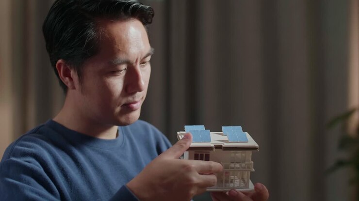 Man Examining a Model House with Solar Panels