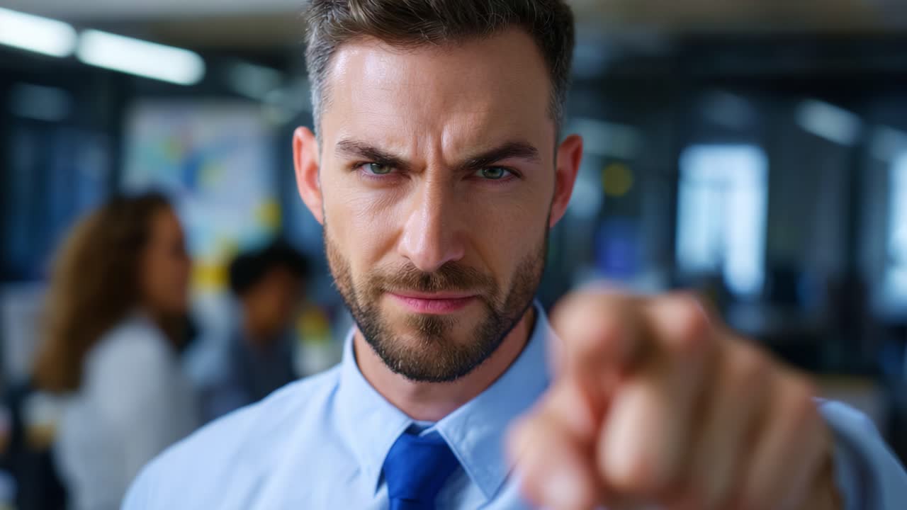 Interazione intensa in ufficio: un collega sicuro di sé indica in modo deciso, trasmettendo messaggi forti in un ambiente di lavoro professionale pieno di persone concentrate