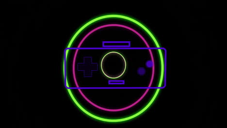 glowing animation of neon game controller with circles on black background