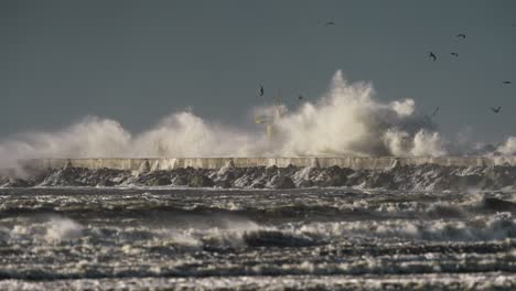 Plano-Amplio-De-Olas-Gigantes-Rompiendo-Sobre-El-Rompeolas-Con-Una-Baliza-De-Navegación-En-El-Fondo-Mientras-Las-Gaviotas-Vuelan-Sobre-El-Agua,-Cámara-Lenta