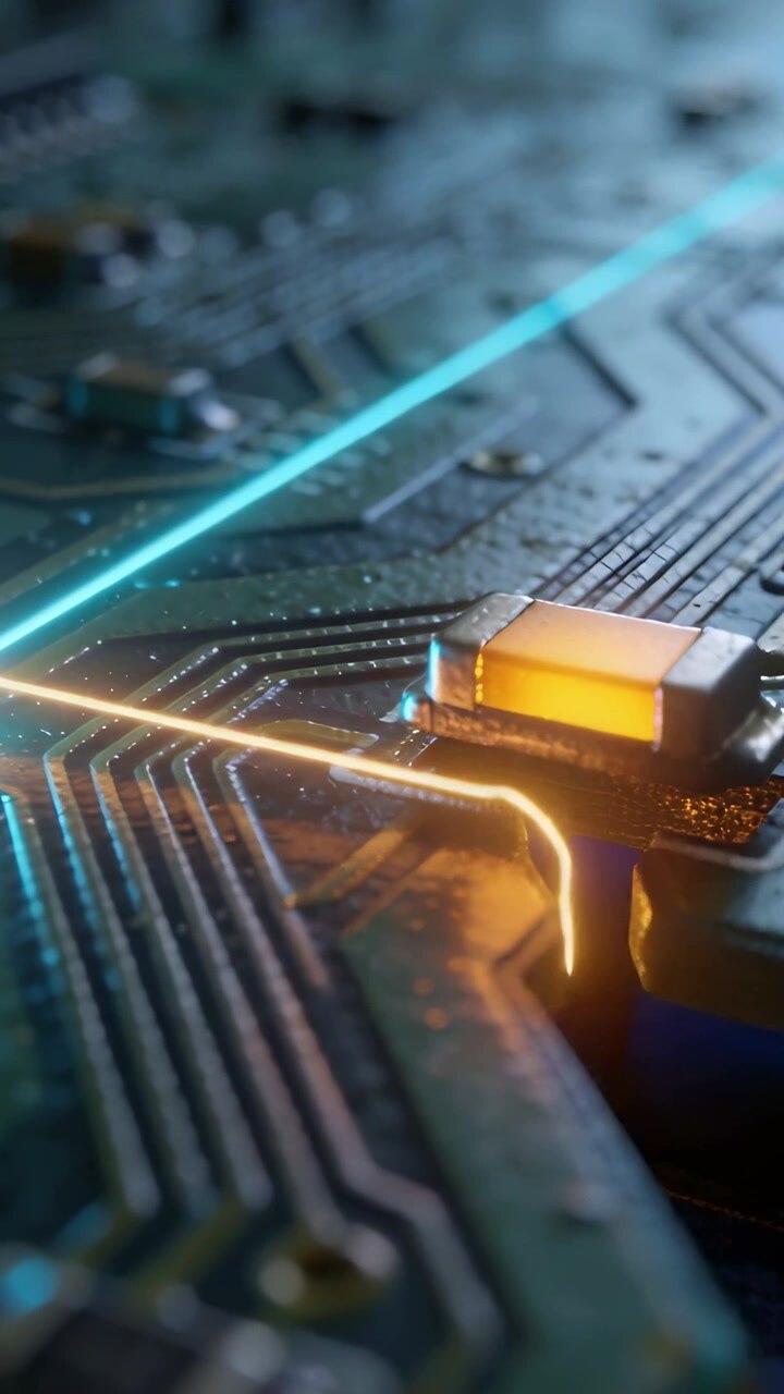 Vertical video: Amber SMD module forming arc on PCB as orange beam reaching it, cyan beam crossing