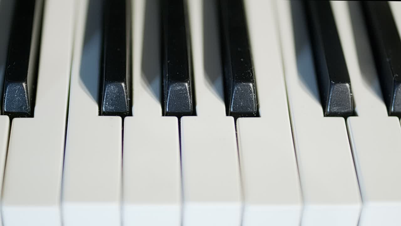 teclas de piano en primer plano, velocidad media, disparo de seguimiento de izquierda a derecha