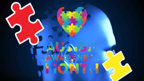 animación de piezas de rompecabezas coloridas y texto del mes de concienciación sobre el autismo sobre la cabeza azul