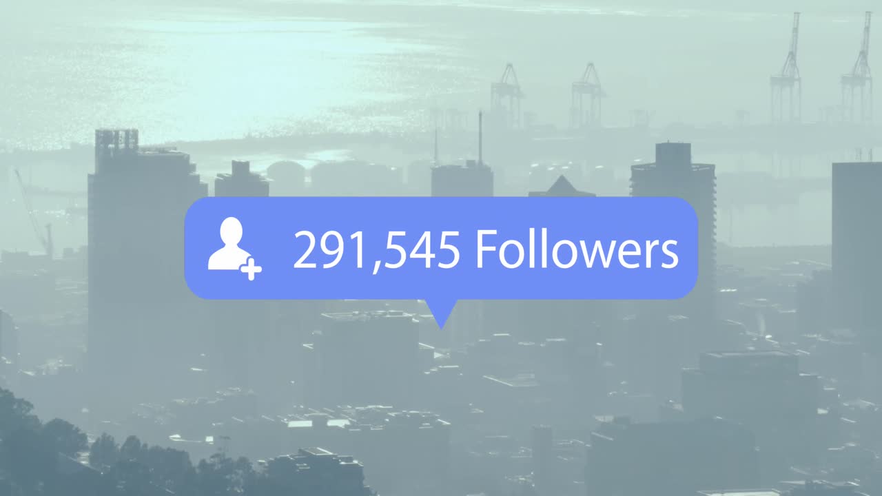 Animation of social media icon and data processing over cityscape