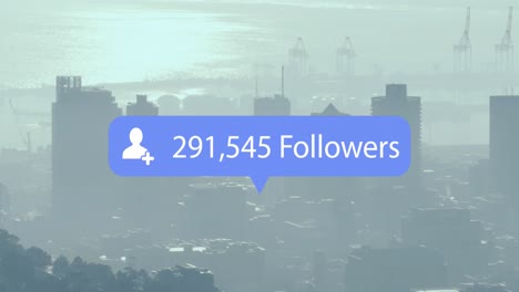 animation of social media icon and data processing over cityscape