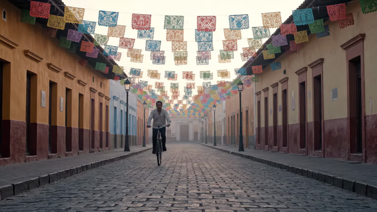 Man riding bike down cobblestone street with colorful flags