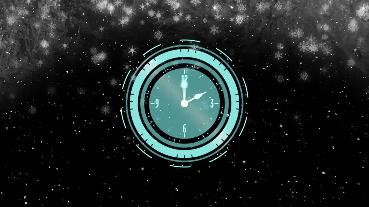 Animation of clock with moving hands over snow falling on black background