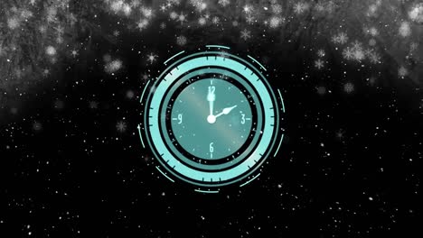 Animation-of-clock-with-moving-hands-over-snow-falling-on-black-background