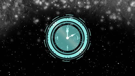 animación de un reloj con manecillas en movimiento sobre la nieve cayendo sobre un fondo negro