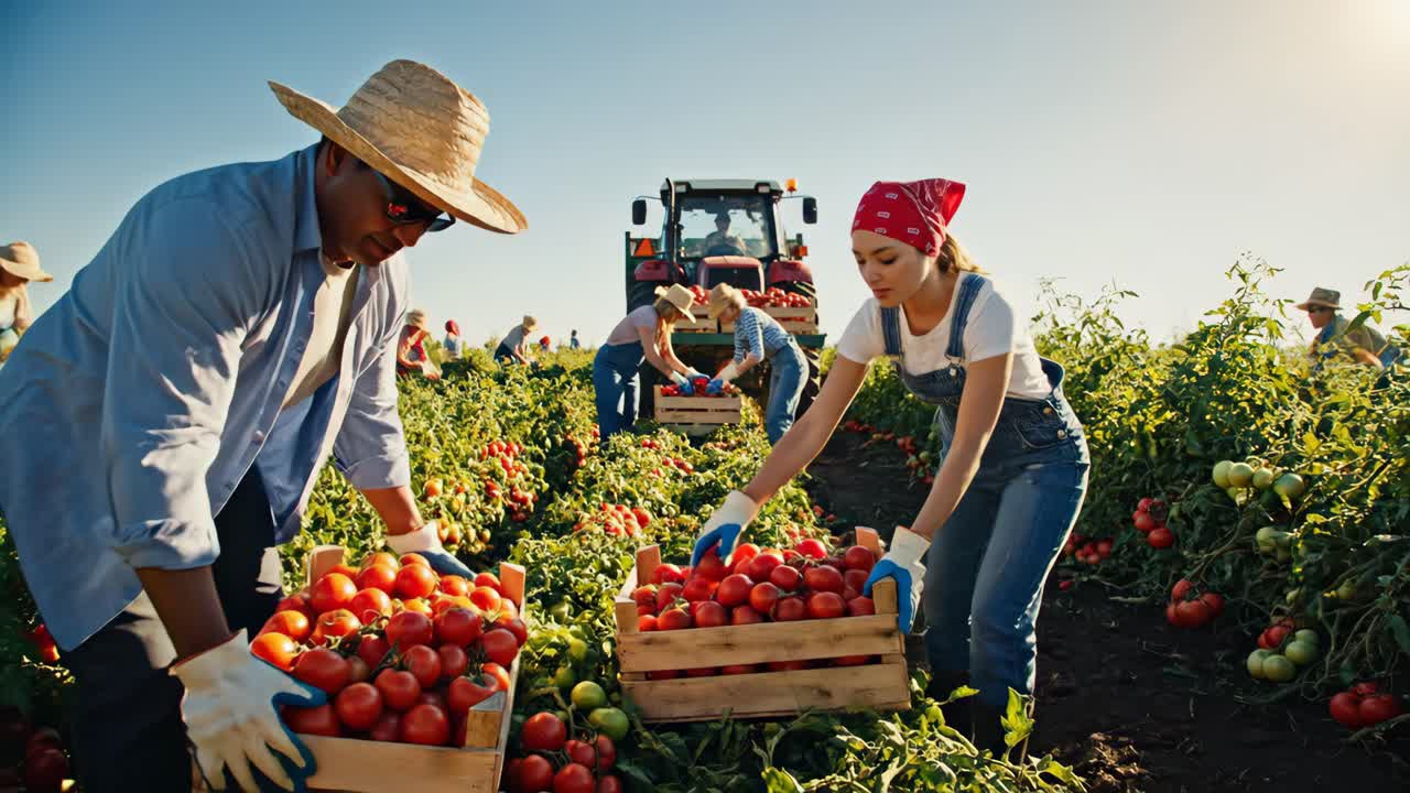 Farmers Harvesting Tomatoes in a Field