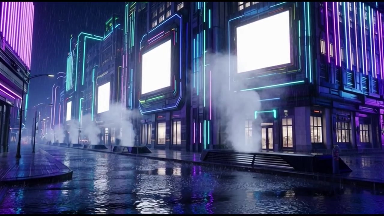 Notte piovosa in una strada cittadina futuristica al neon