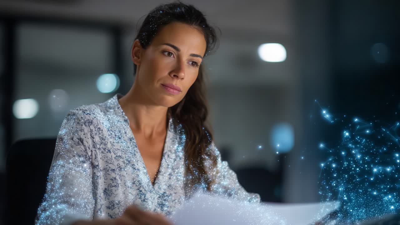 Konzentrierte Frau analysiert Dokumente in einem schwach beleuchteten Büro, was einen Moment der Konzentration und Hingabe an berufliche Aufgaben in einer modernen Arbeitsumgebung hervorhebt