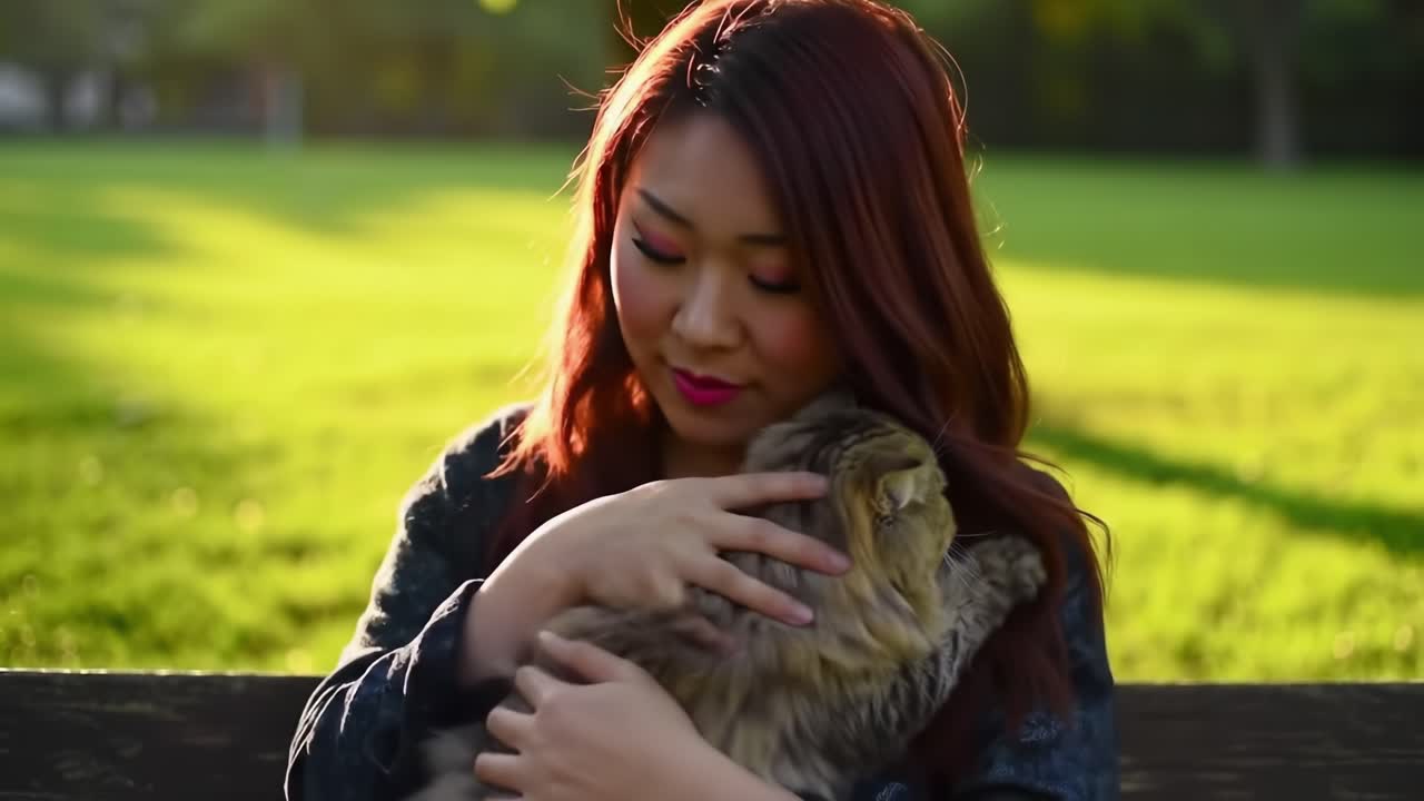 A Warm Moment of Connection: A Young Woman Cherishes Her Feline Friend in a Serene Outdoor Setting Bathed in Soft Golden Light