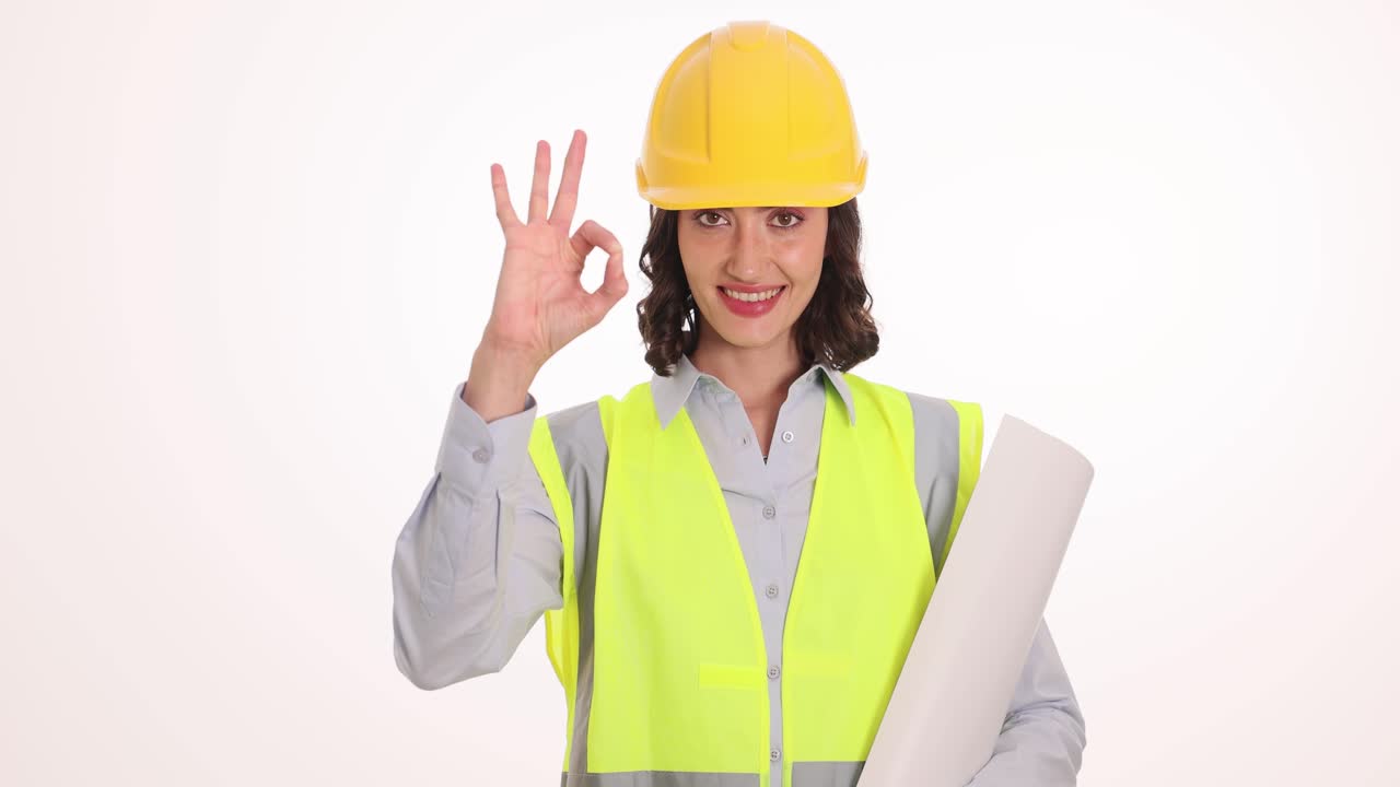 Female Engineer or Architect in Safety Gear Showing OK Sign with Blueprints