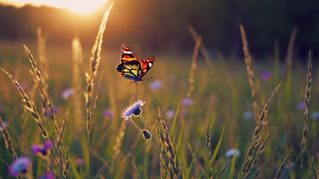 Farfalla in un prato al tramonto