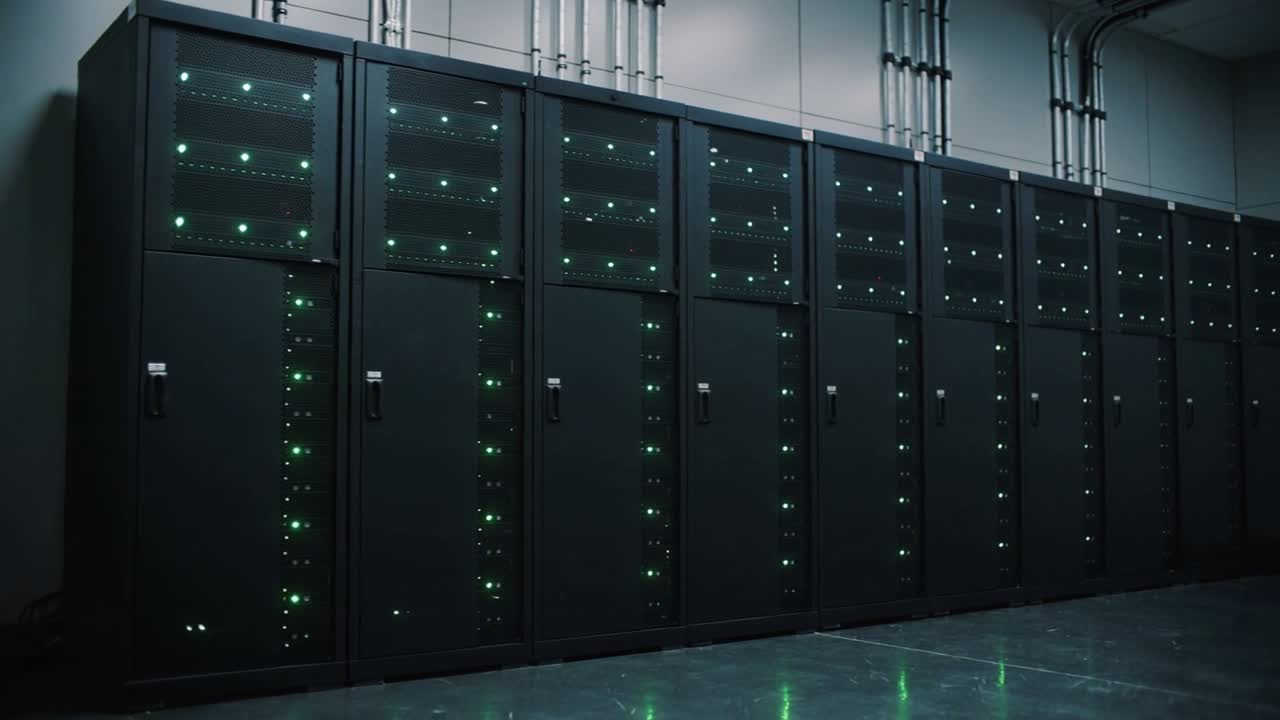Panning camera moving right and pulling back for checking server racks, showing blinking green LEDs