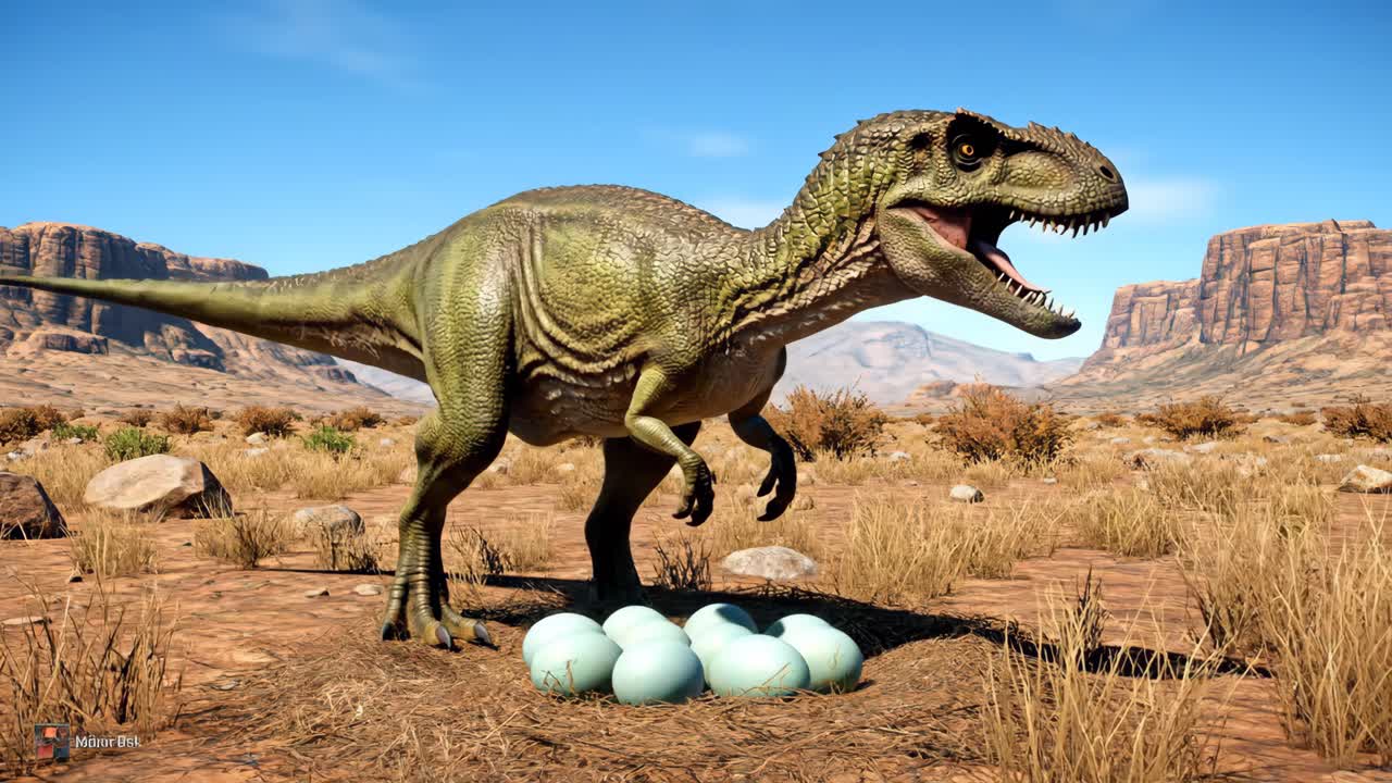 Dinosaur with Eggs in a Prehistoric Landscape
