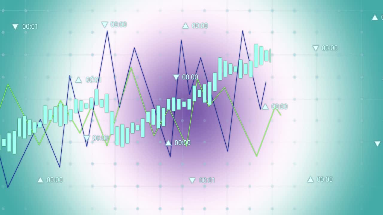 Animation of financial data processing over purple to green background