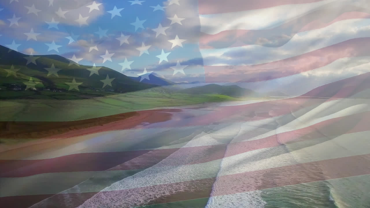 animación de la bandera de los estados unidos ondeando sobre el paisaje marino