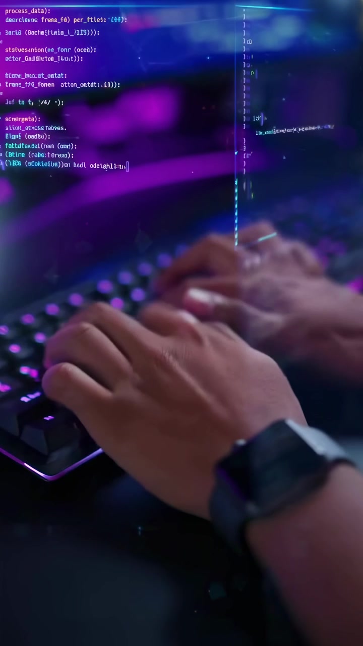 Close-Up of Hands Typing on RGB Keyboard with Digital Code Overlay