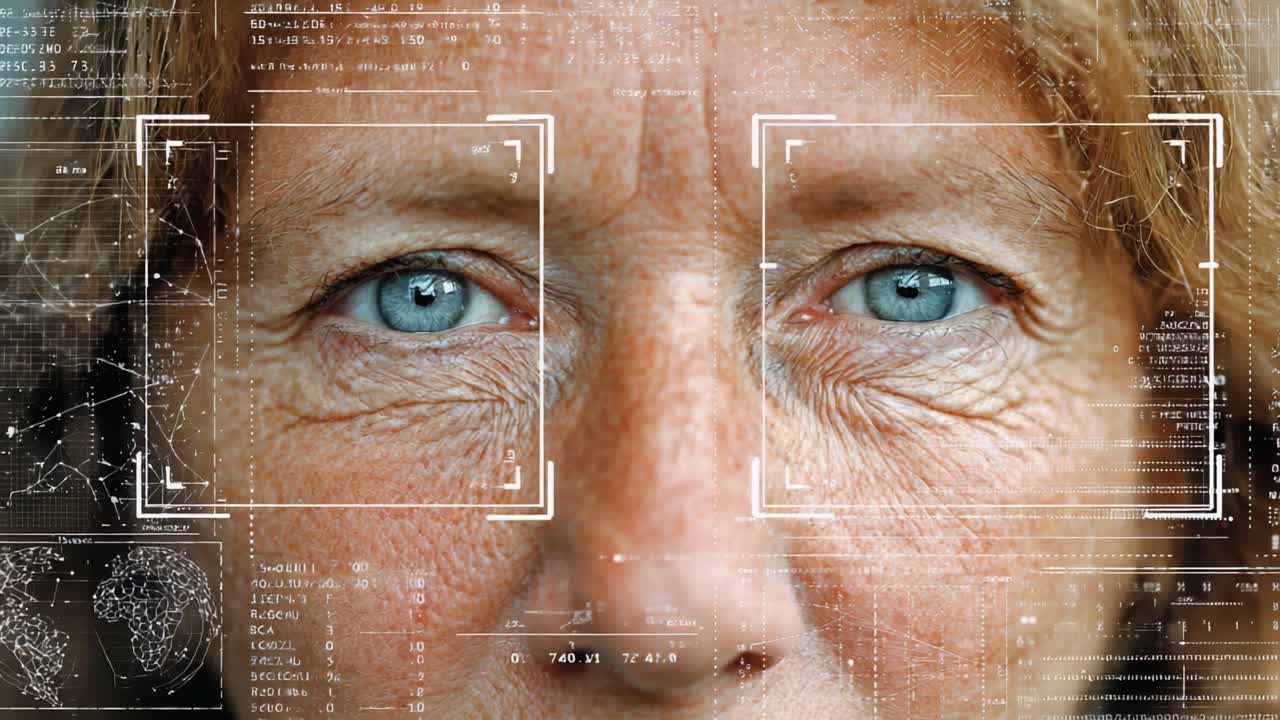 Close-up of a woman's face with striking blue eyes, surrounded by digital overlays, showcasing advanced technology in facial recognition and analysis