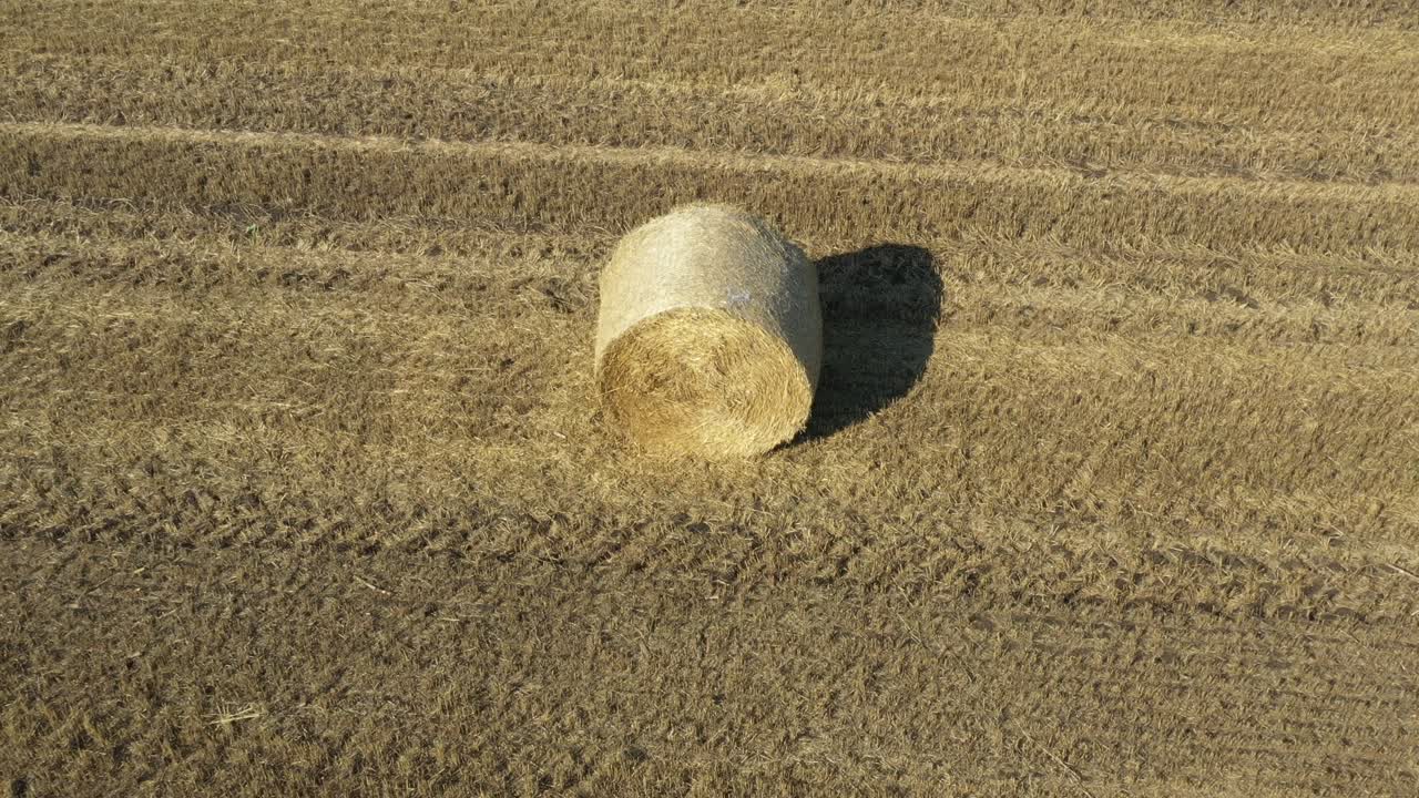 vista aérea de una bala redonda de paja en el campo agrícola