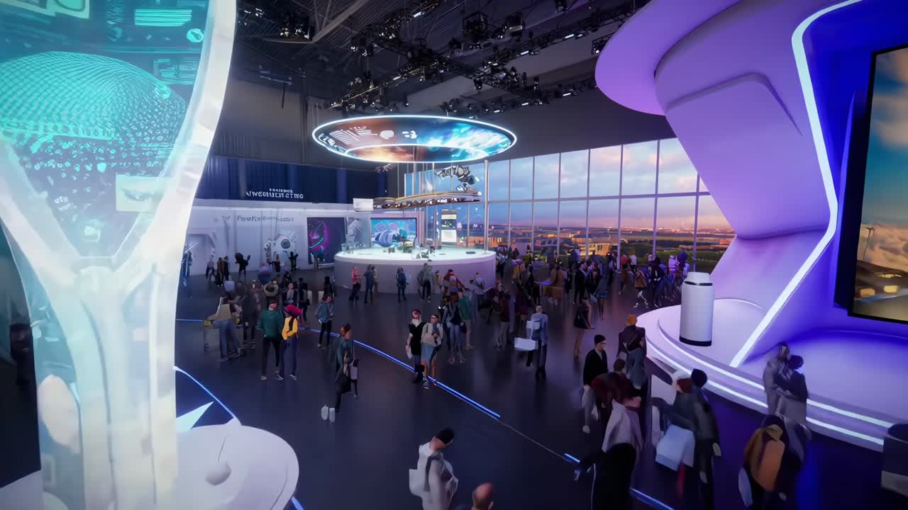 Futuristic expo scene with a wide-angle view, showcasing digital displays and video screens