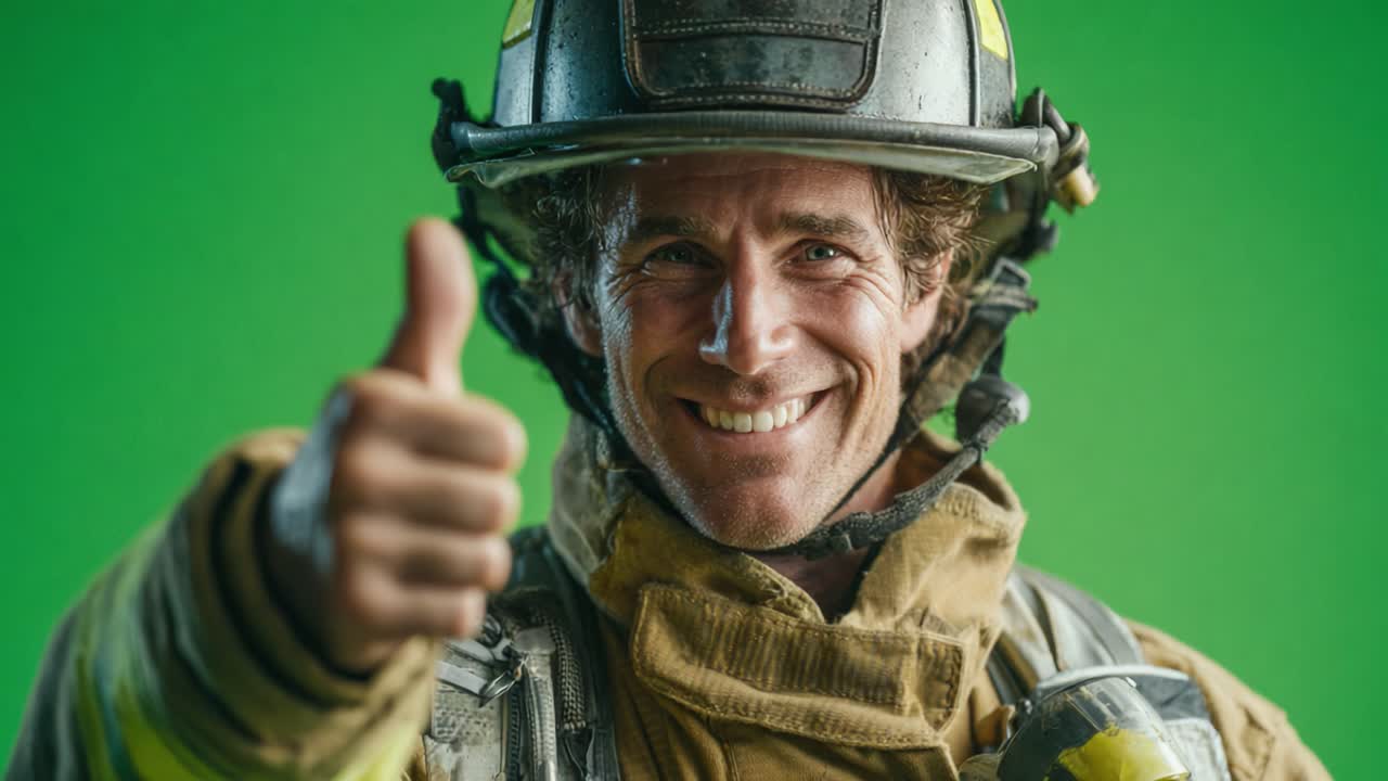 A Confident Firefighter Gives a Thumbs-Up, Radiating Positivity and Professionalism in Front of a Bright Green Screen, Capturing the Spirit of Heroism and Service