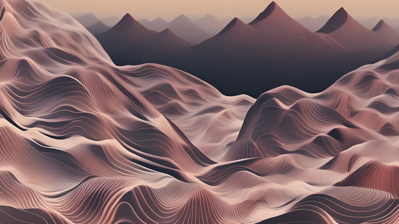 Abstract mountain landscape with flowing lines animation over distant peaks