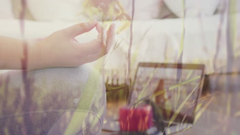 animation of meadow over woman using laptop and exercising at home