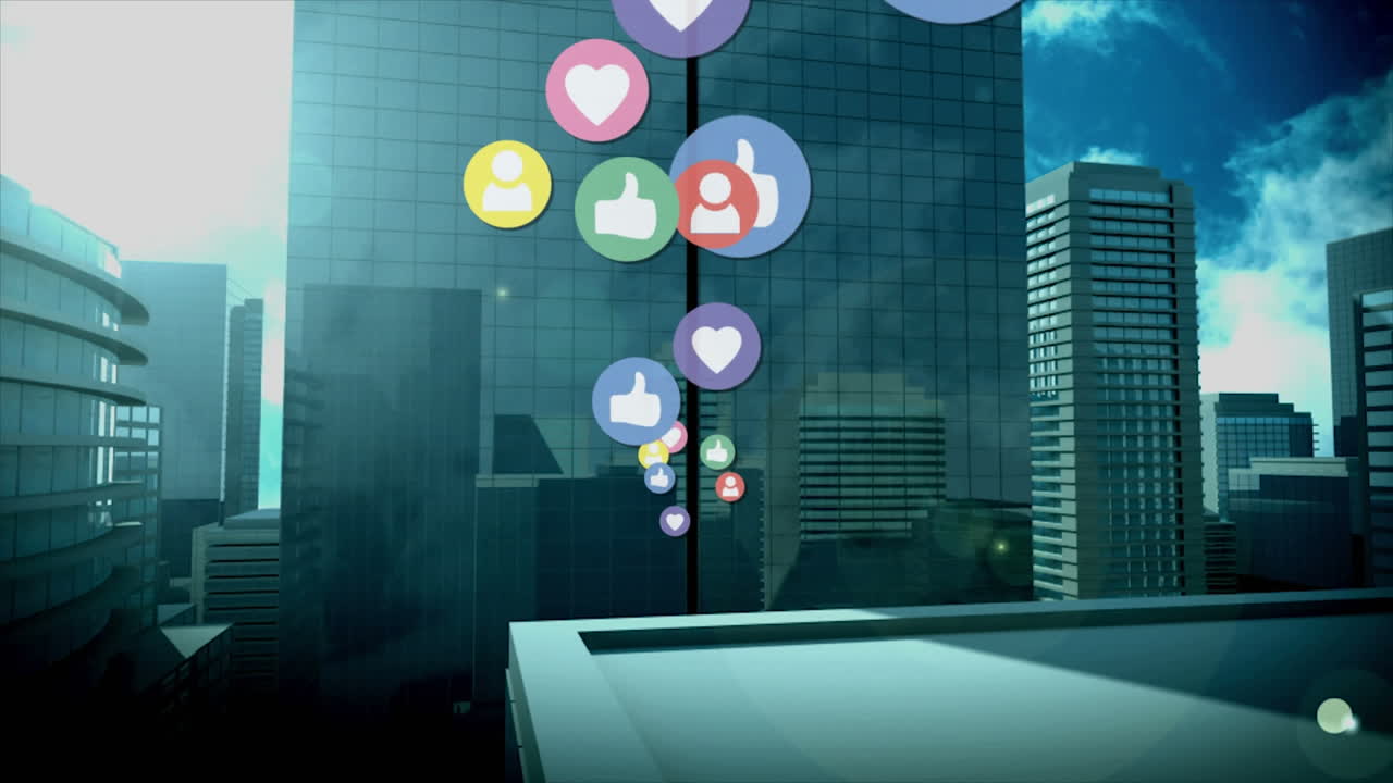 여러 가지 다채로운 프로필과 심장 아이콘이 높은 건물을 떠다니고 있습니다.