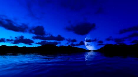 moon reflecting on water surface against starry sky and timelapse sunrise night to day, 4k