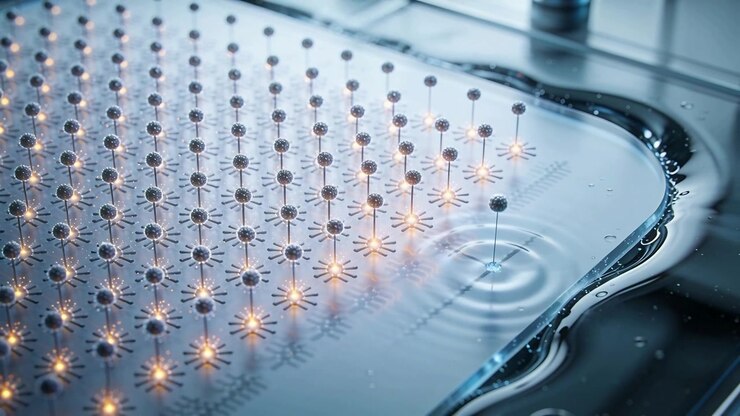 Contacting droplet pinned to micro-post creating ripples across lab film with lit nodes for testing