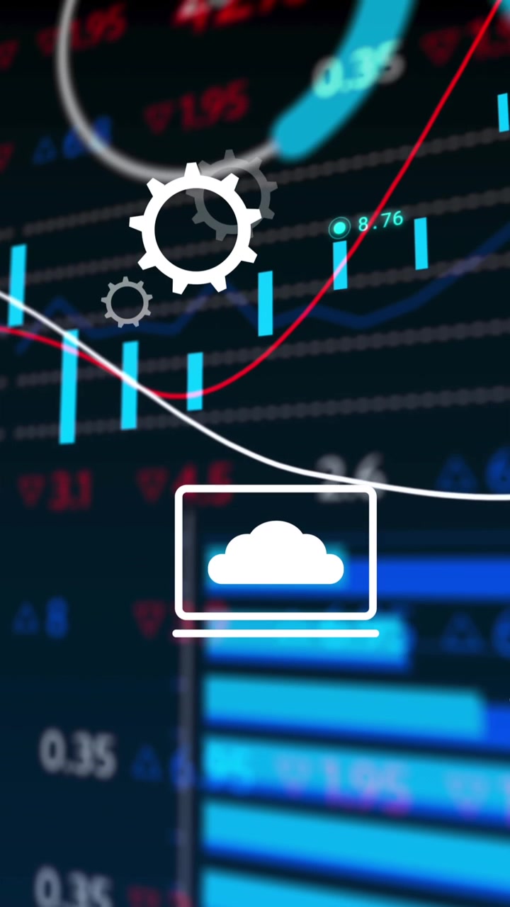 Animazione di icone digitali su elaborazione di dati statistici e di borsa su sfondo blu