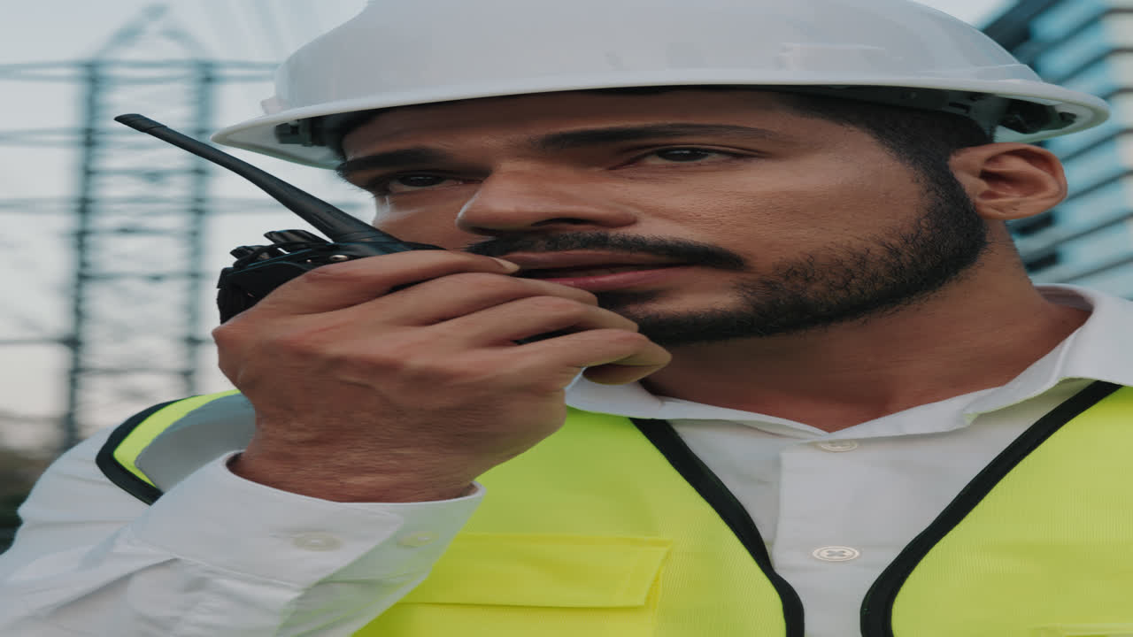 Engineer Communicating with Walkie-Talkie at Construction Site